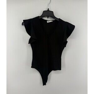 Millennial Pink Women’s Black Ribbed Flutter Sleeve V Neck Bodysuit Size Med EUC